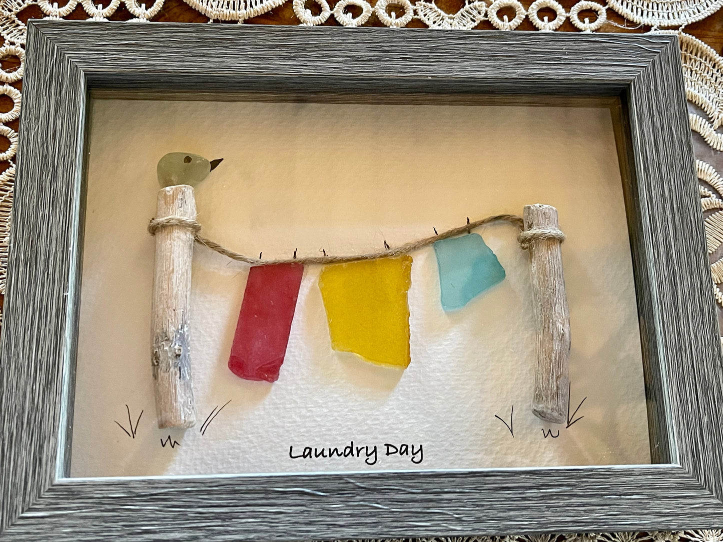 Sea Glass Pebble Art, Pebble Art Clothes Line, Gift for Her, Friendship Gift, Seaglass Picture, Housewarming Gift, Laundry Day