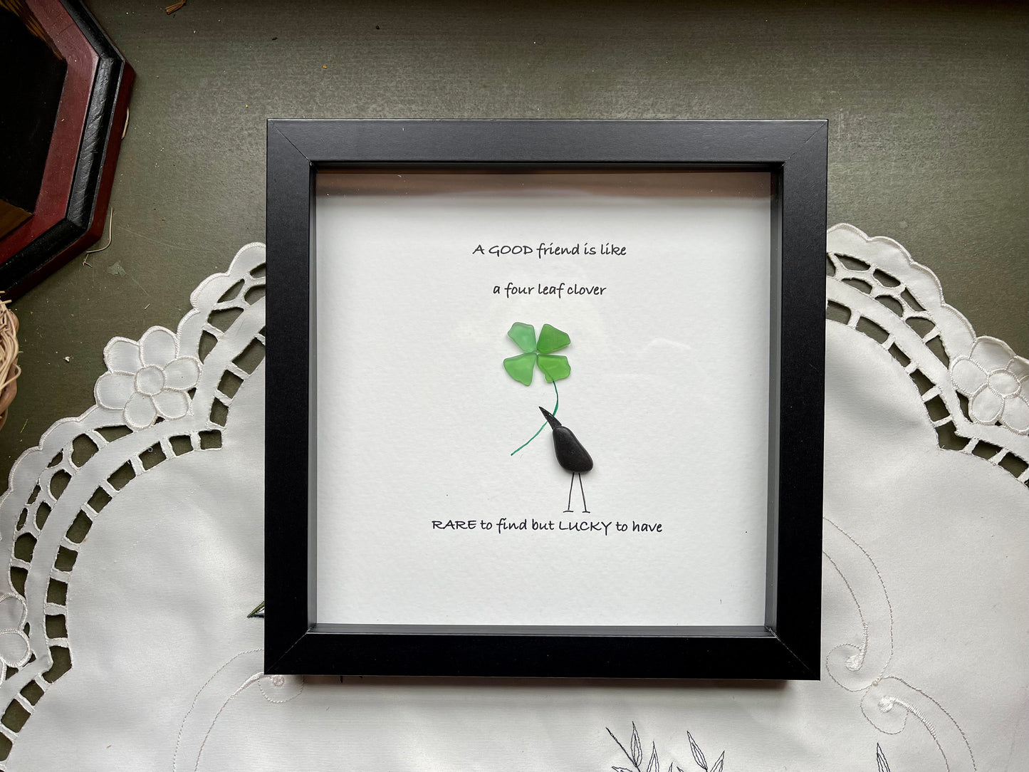Sea Glass Pebble Art, Pebble Art Four Leaf Clover, Gift for Friend, Friendship Gift, Seaglass Picture, Irish Clover Gift