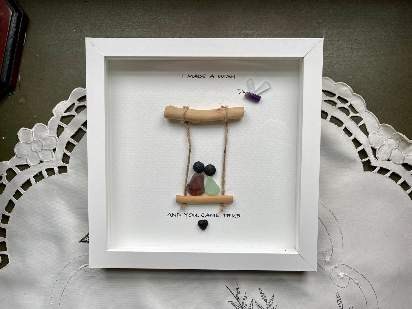 Sea Glass Pebble Art, Pebble Art Couple, Gift for Her, Valentines Day Gift, Seaglass Picture, Made A Wish And You Came True