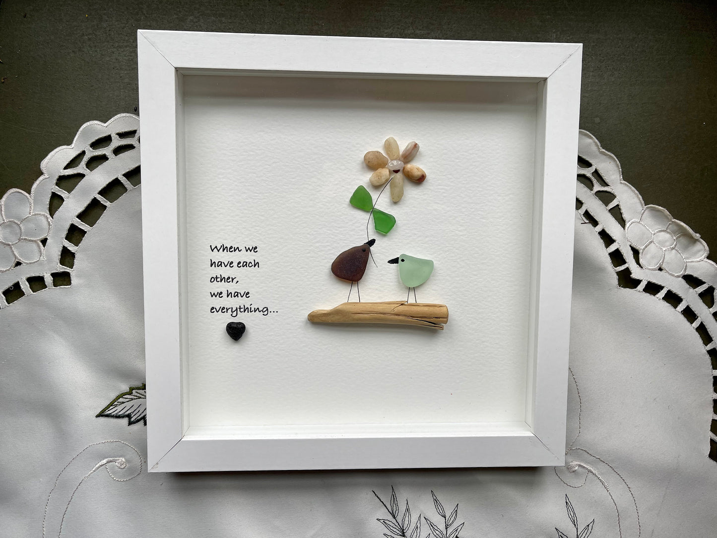 Sea Glass Pebble Art, Pebble Art Love Birds, Gift for Her, Valentines Day Gift, Seaglass Picture, Love