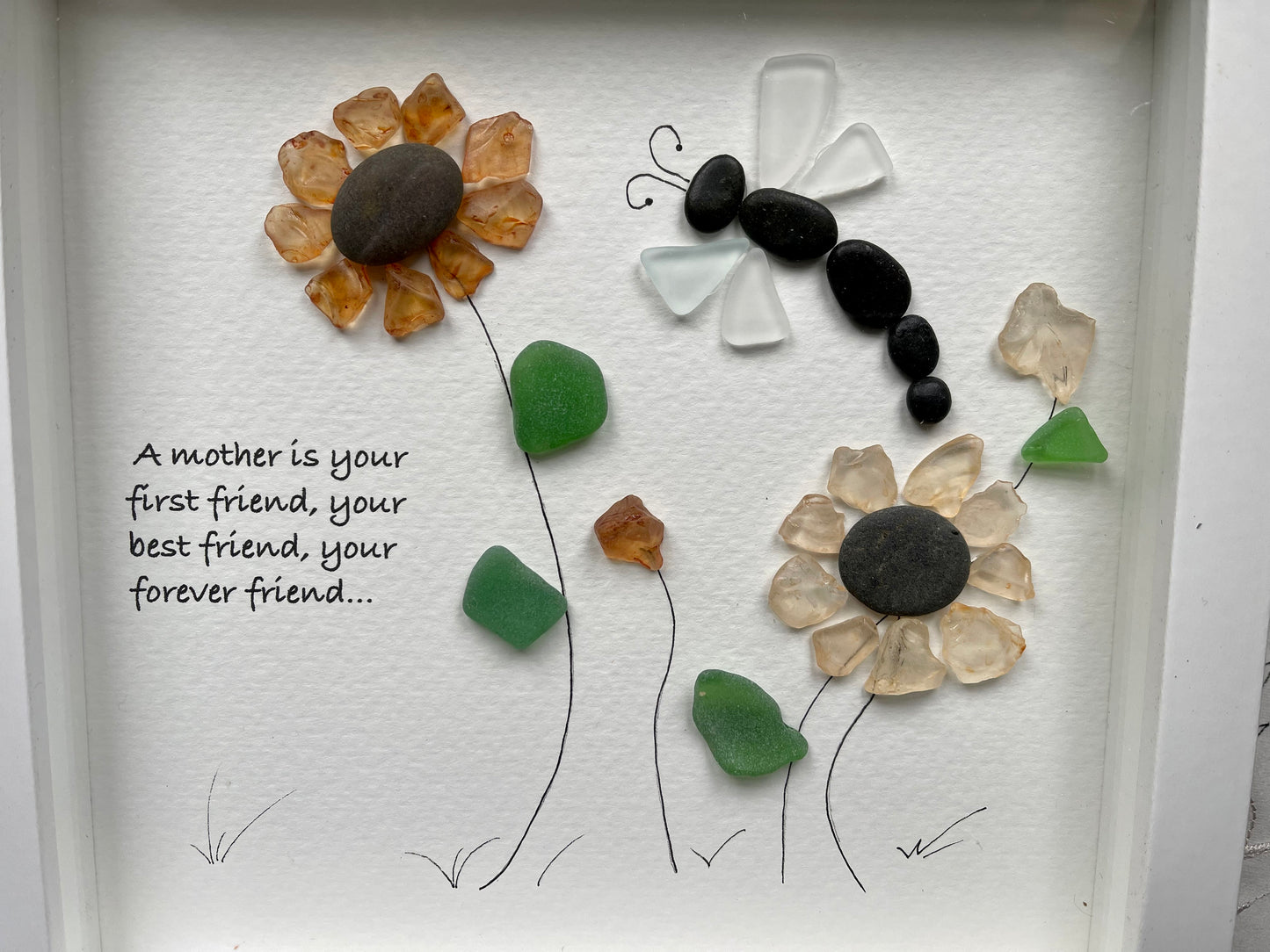 Sea Glass Pebble Art, Pebble Art Flowers, Gift for Mom, Mothers Day Gift, Seaglass Picture, Mother and Friend