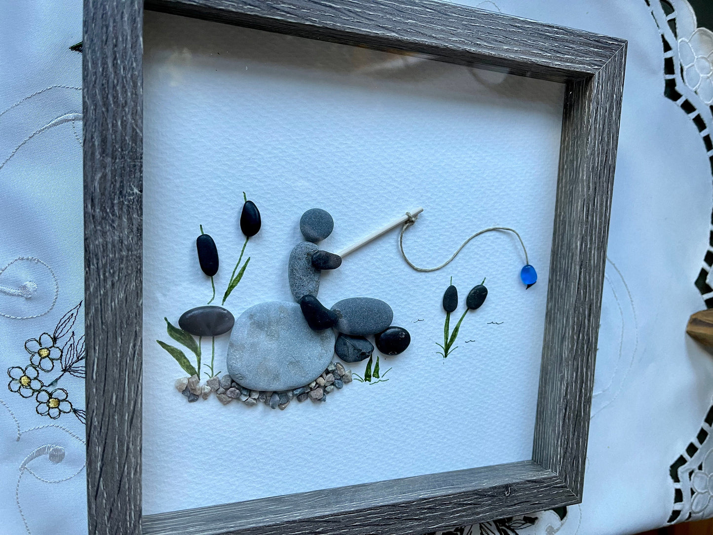 Sea Glass Pebble Art, Pebble Art Fisherman, Gift for Dad, Fathers Day Gift, Seaglass Picture, Gone Fishing