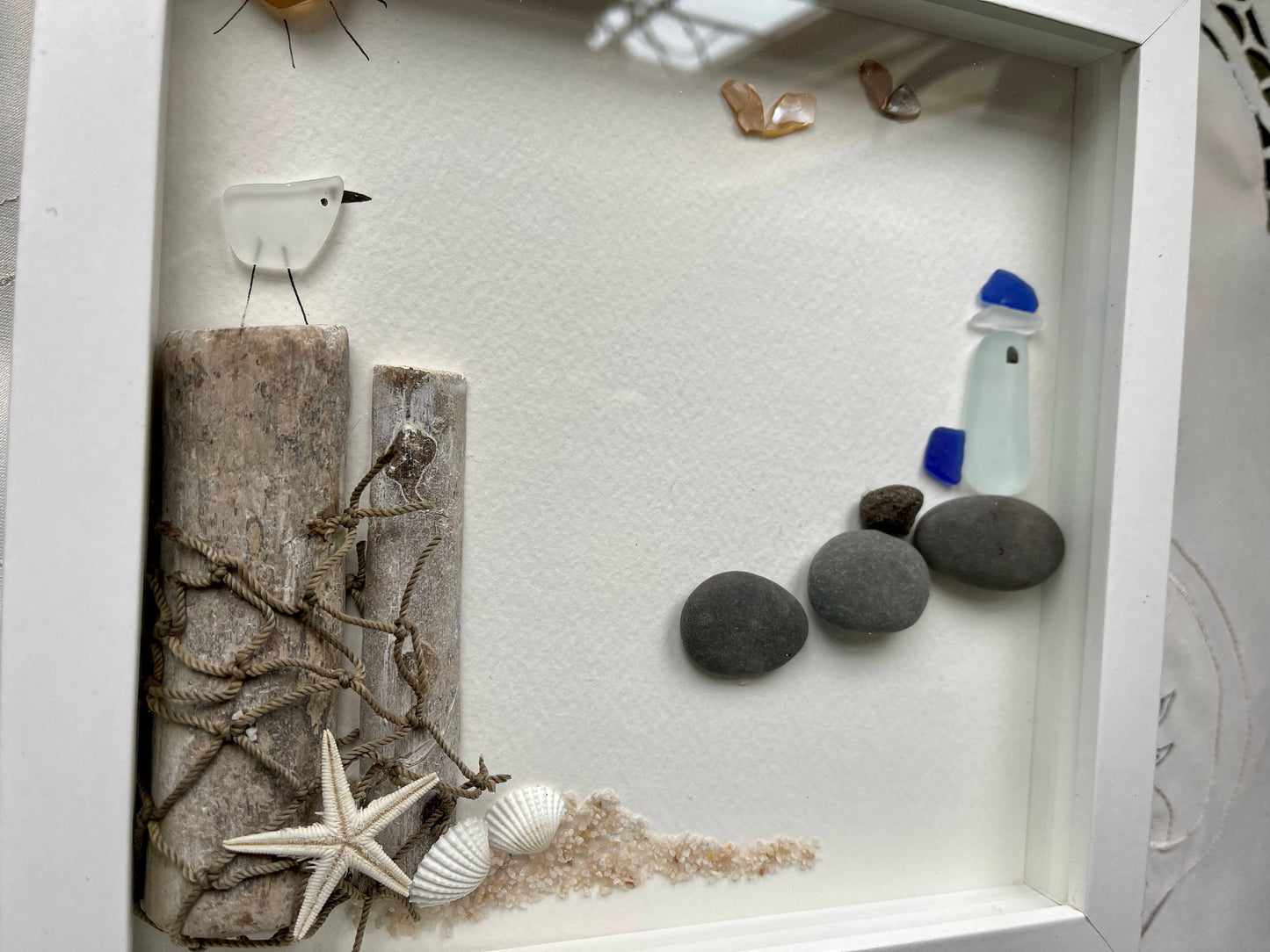 Sea Glass Pebble Art, Pebble Art Lighthouse, Gift for Her, Seaglass Picture, Coastal Artwork
