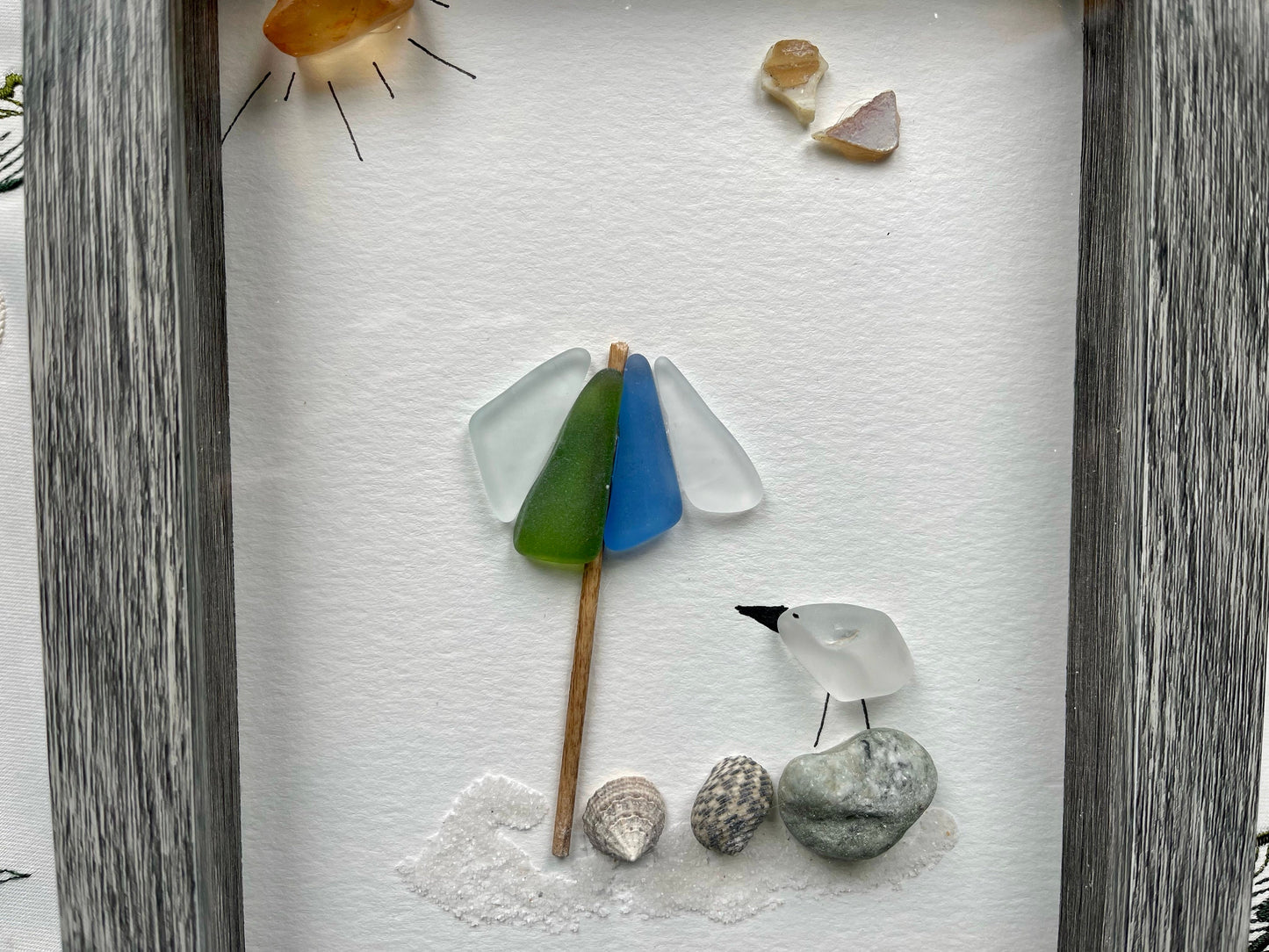Sea Glass Pebble Art, Pebble Art Beach Umbrella, Gift for Her, Friendship Gift, Seaglass Picture, Beach Decor