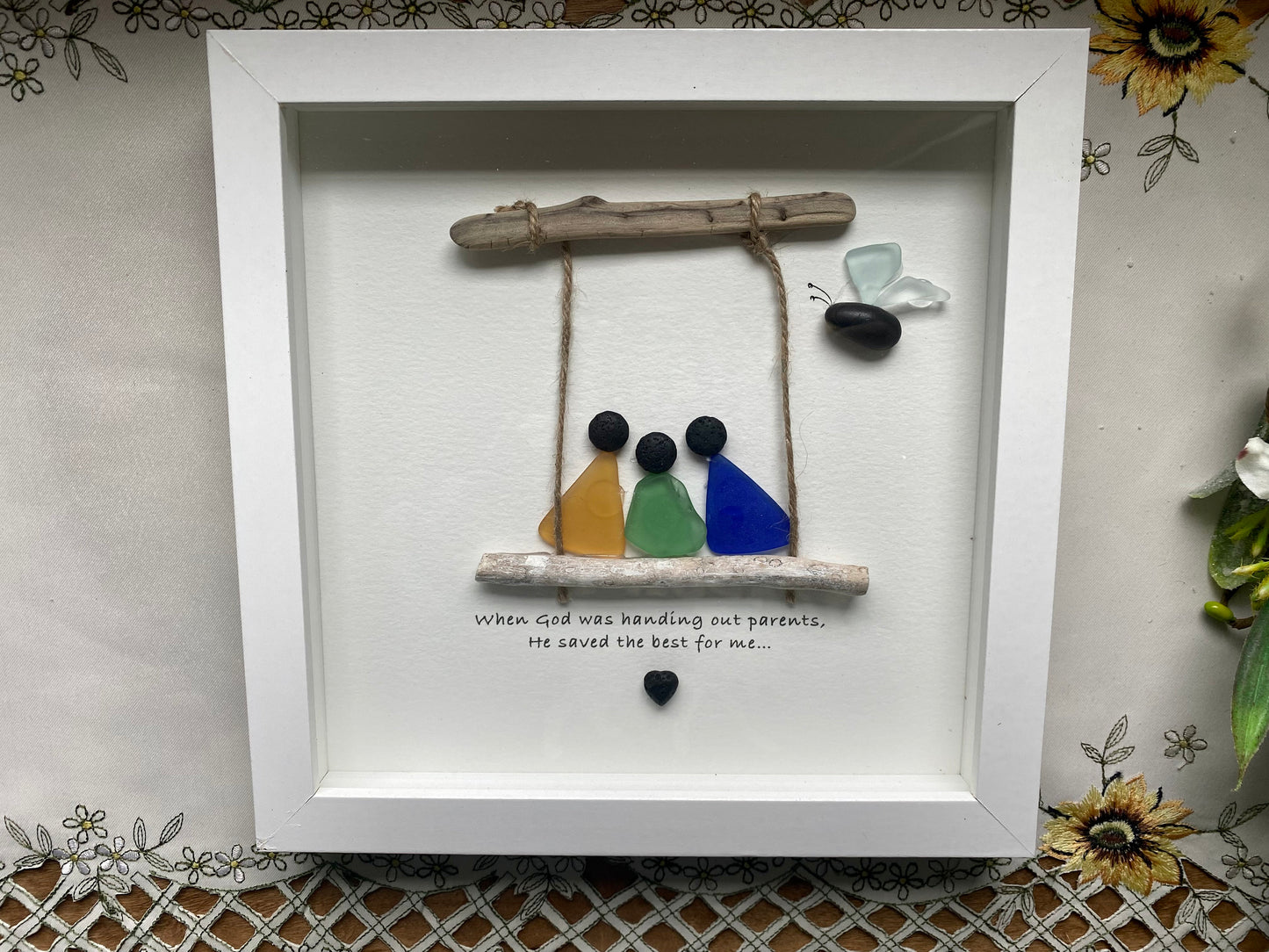 Sea Glass Pebble Art, Pebble Art Family, Gift for Parents, Family on Swing, Seaglass Picture, Parents and Child