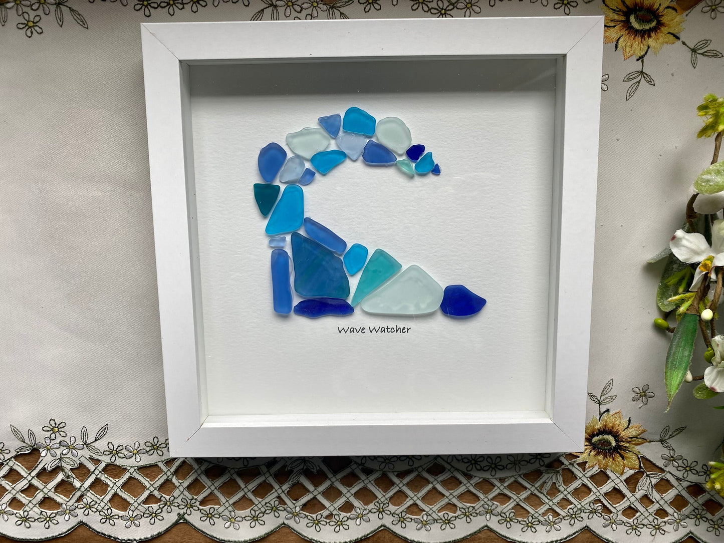 Sea Glass Pebble Art, Pebble Art Wave, Gift for Her, Seaglass Picture, Coastal Artwork