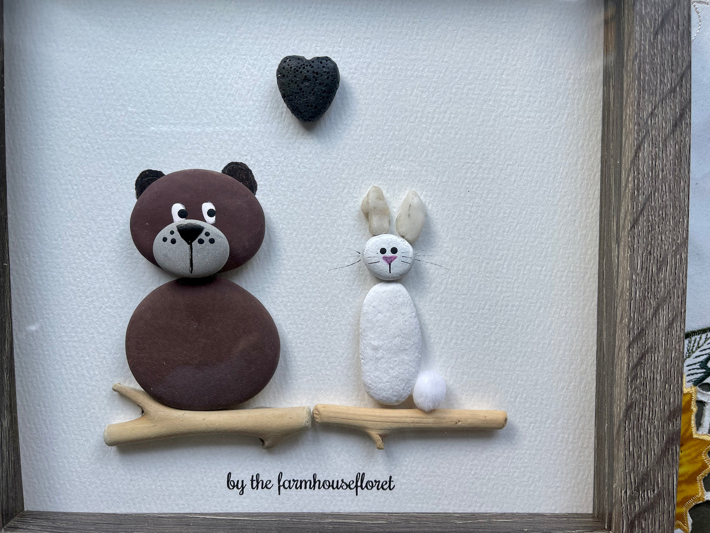 Sea Glass Pebble Art, Pebble Art Love, Gift for Her, Friendship Gift, Seaglass Picture, Bunny and Bear