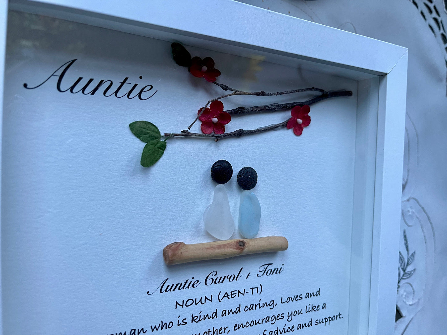 Sea Glass Pebble Art, Pebble Art Flowers, Gift for Her, Auntie Gift, Seaglass Picture, Family Is Forever