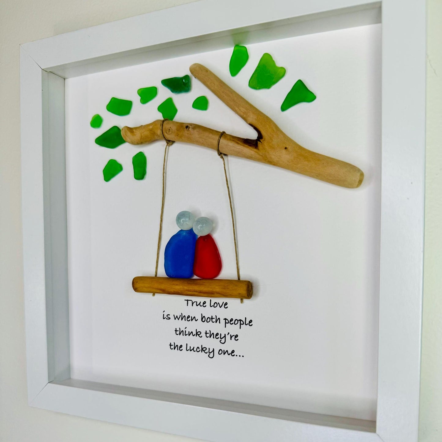 Sea Glass Pebble Art, Pebble Art Love, Gift for Her, Valentines Day Gift, Seaglass Picture, Couple on Swing