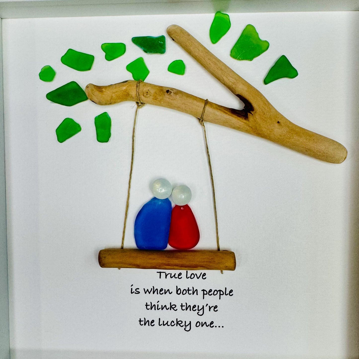 Sea Glass Pebble Art, Pebble Art Love, Gift for Her, Valentines Day Gift, Seaglass Picture, Couple on Swing