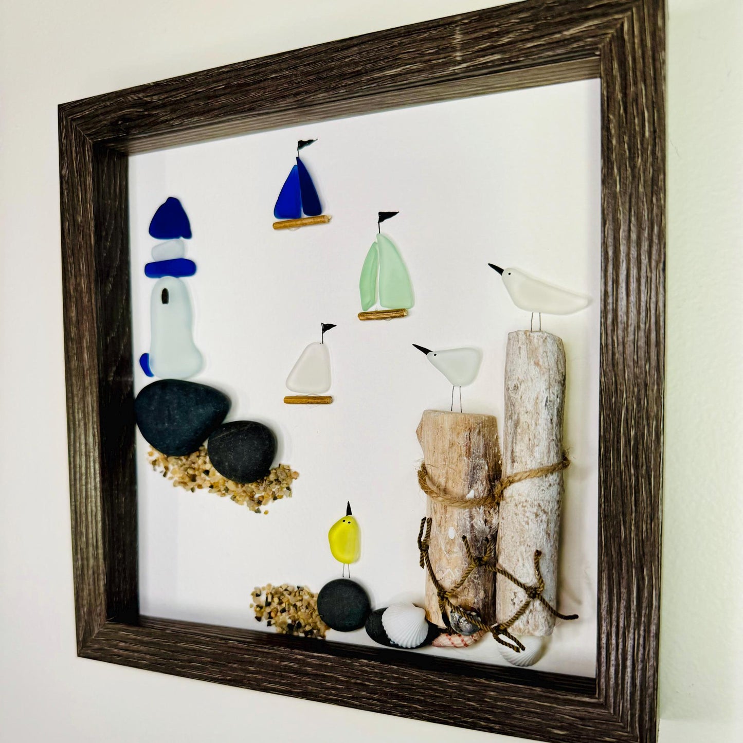 Sea Glass Pebble Art, Pebble Art Lighthouse, Gift for Her, Seaglass Picture, Coastal Artwork