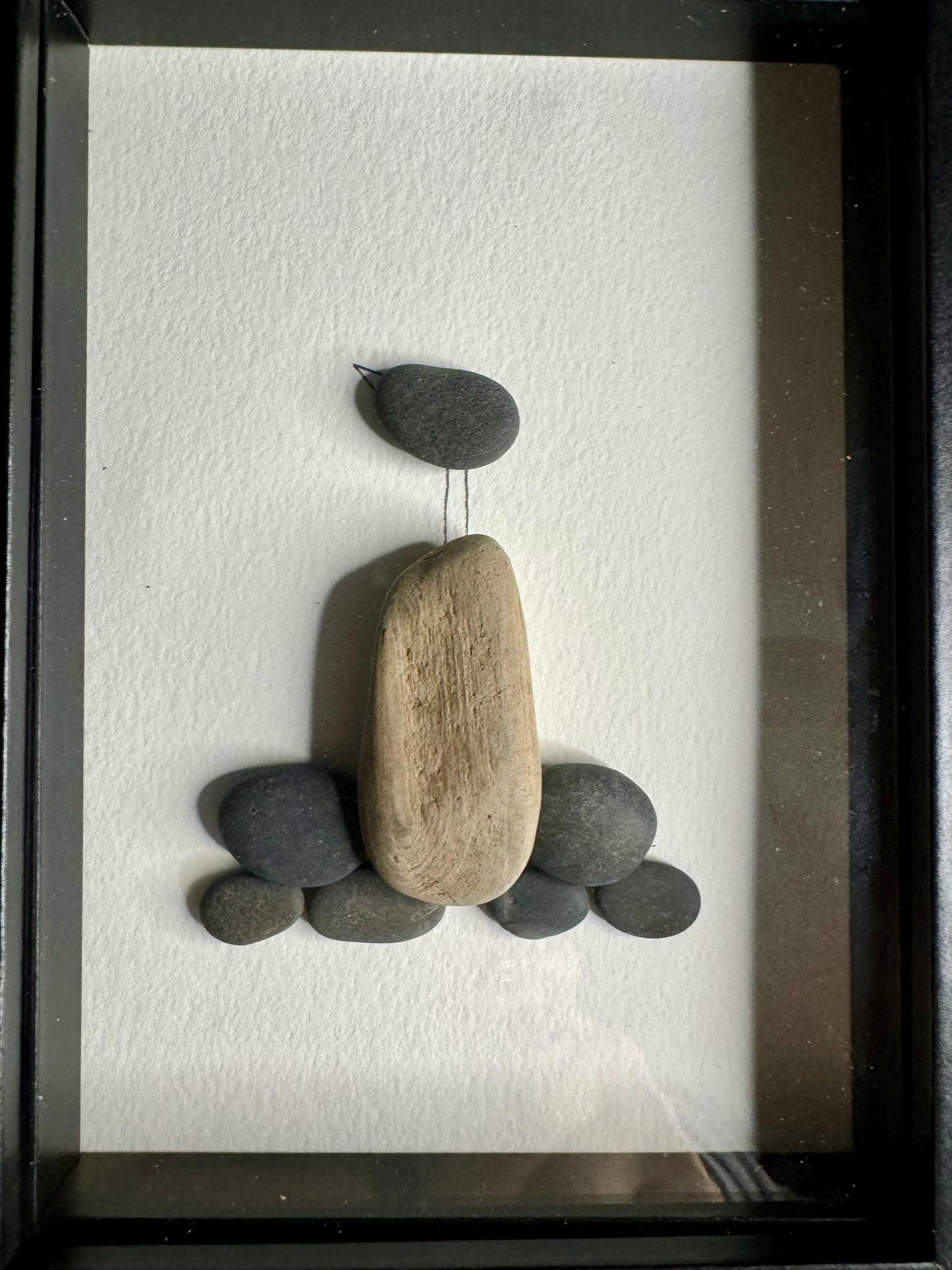 Sea Glass Pebble Art: Bird on Watercolor Cardstock (5x7 Framed)