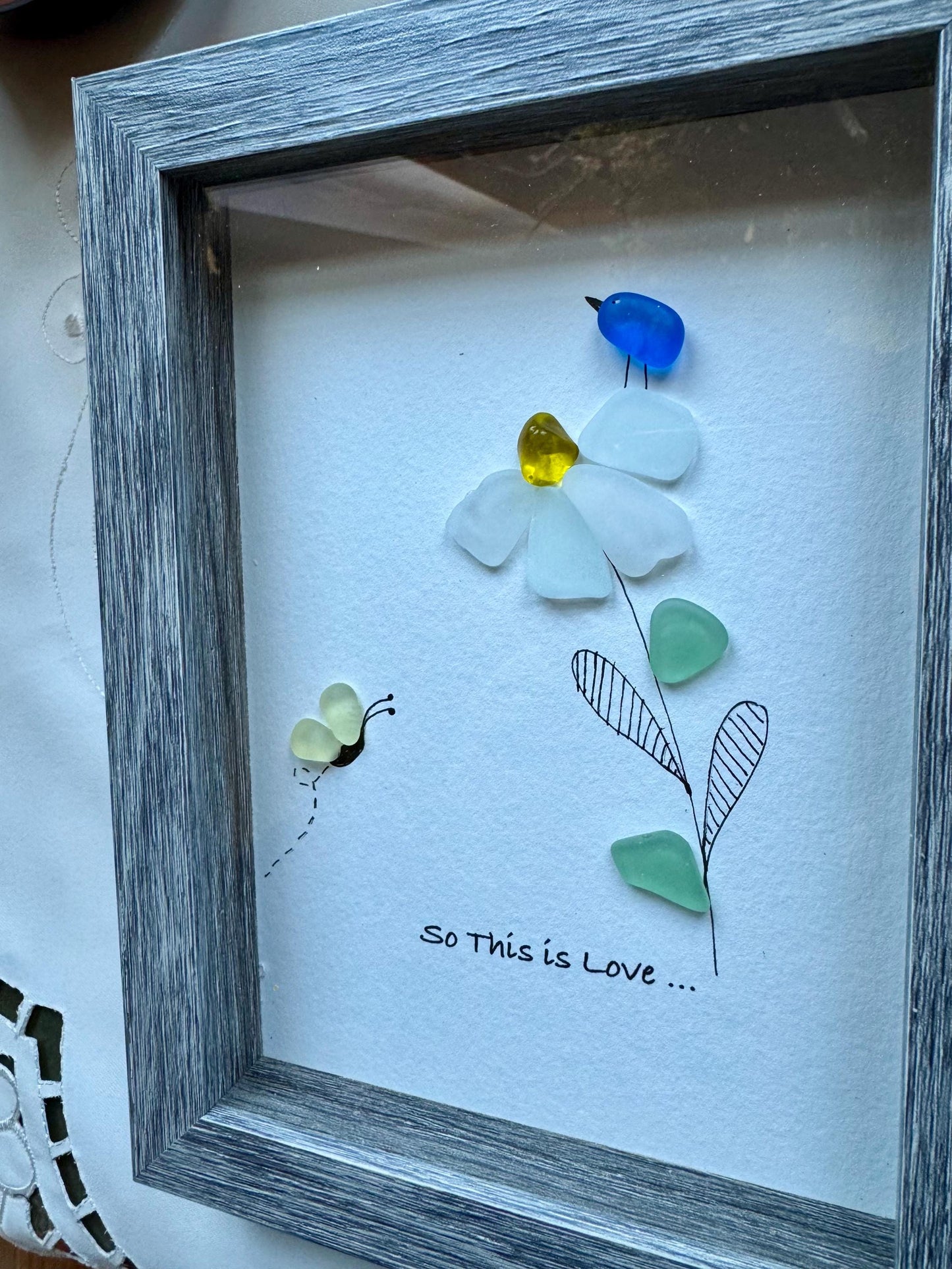 Sea Glass Pebble Art, Pebble Art Love Birds, Gift for Her, Anniversary, Seaglass Picture, Love, Sweet Gift