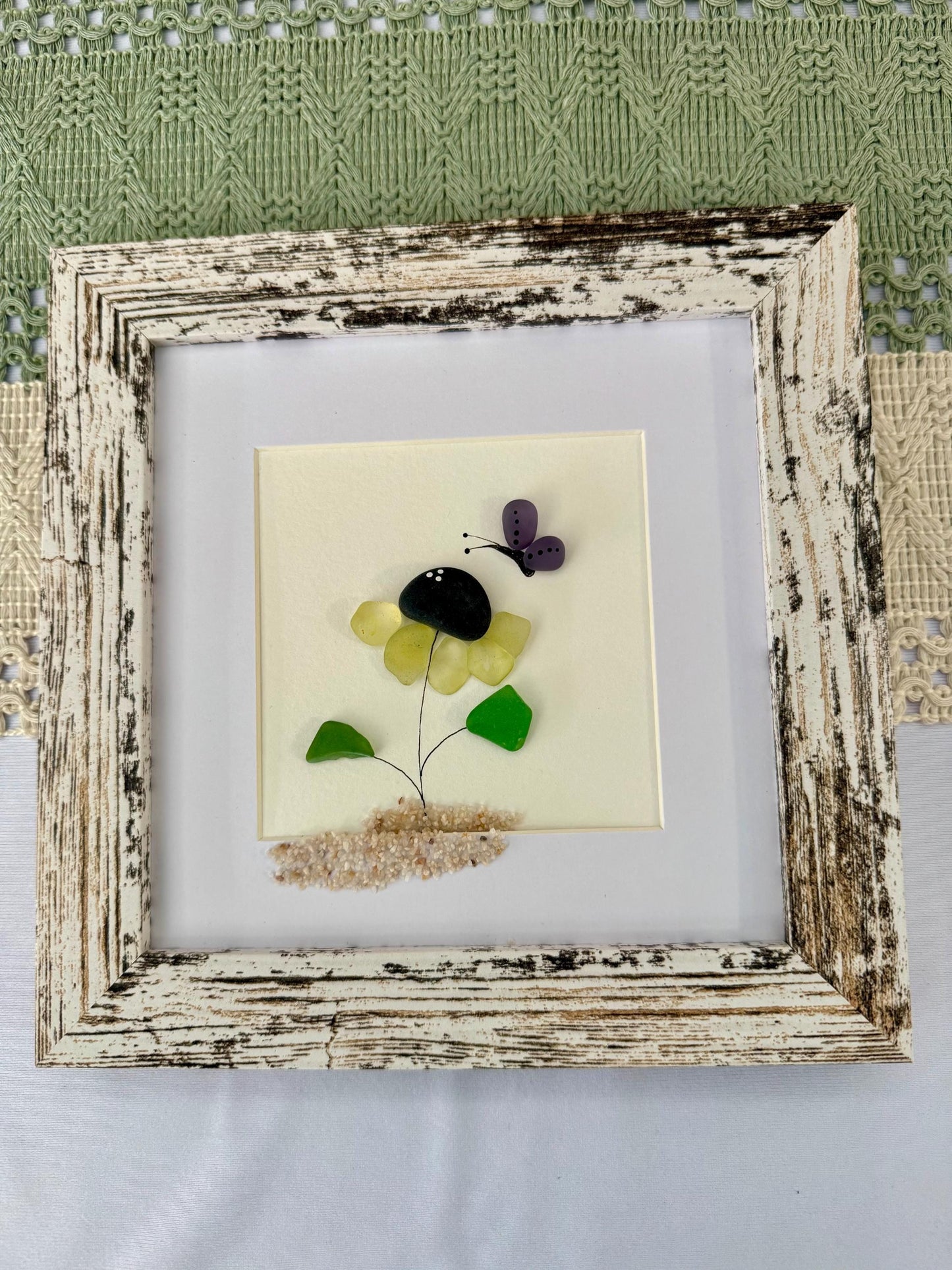 Sea Glass Pebble Art: Yellow Flower and Butterfly Friendship Gift