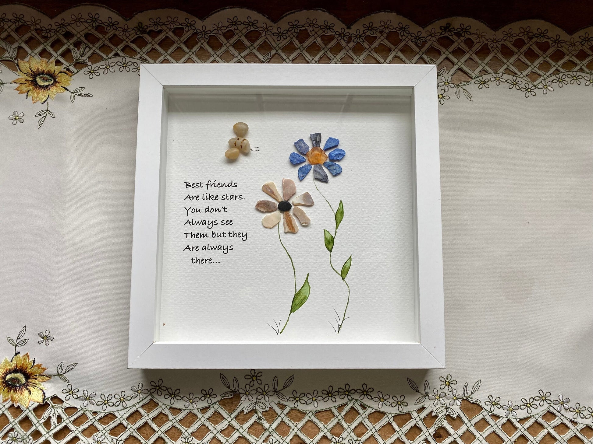 Sea Glass Pebble Art, Pebble Art Flowers, Gift for Her, Friendship Gift, Seaglass Picture, Best Friend Gift
