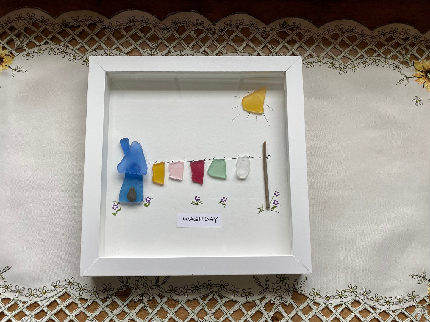 Sea Glass Pebble Art, Pebble Art Clothes Line, Gift for Her, Friendship Gift, Seaglass Picture, Housewarming Gift