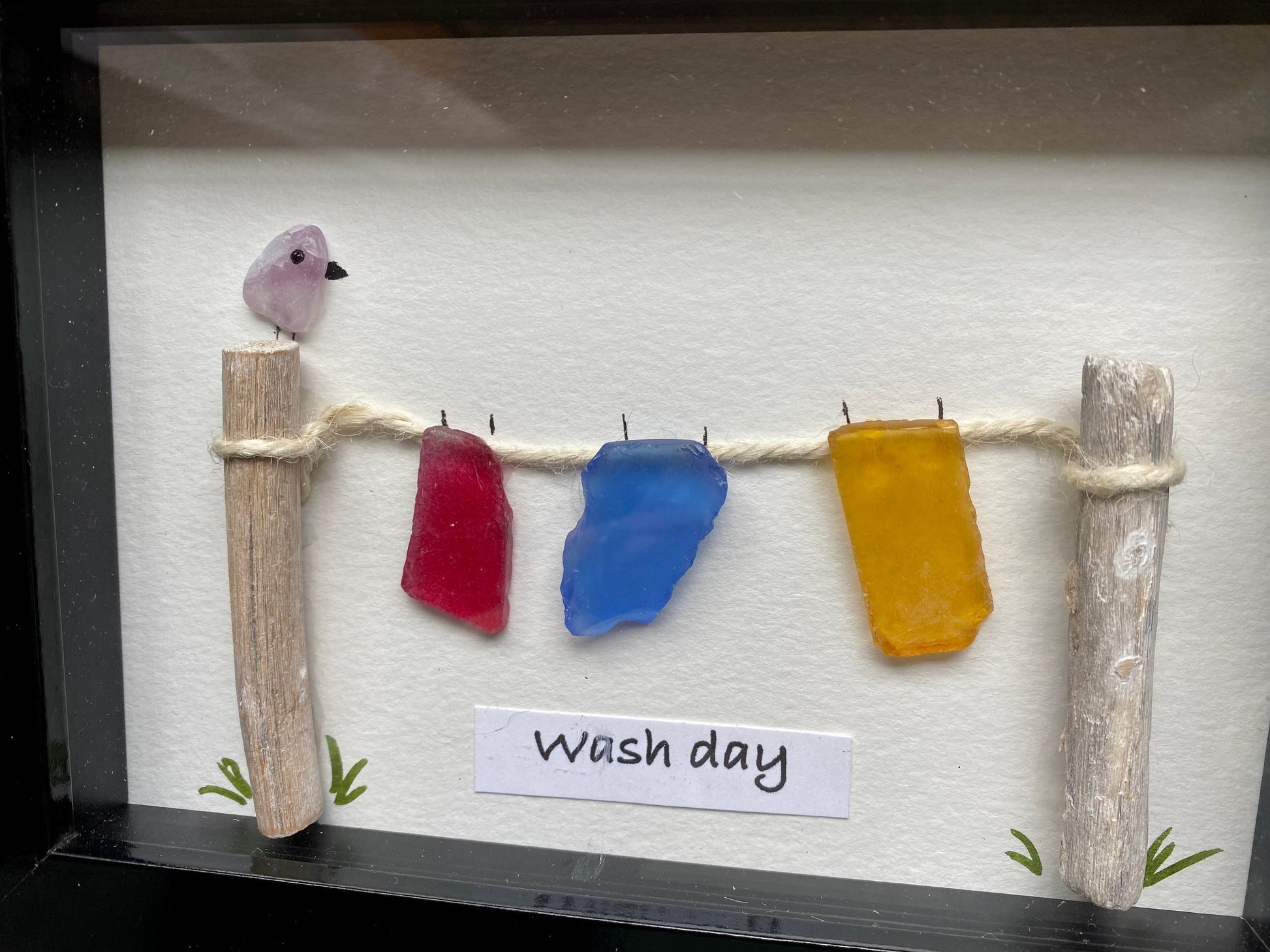 Sea Glass Pebble Art, Pebble Art Clothes Line, Gift for Her, Friendship Gift, Seaglass Picture, Housewarming Gift, Wash Day