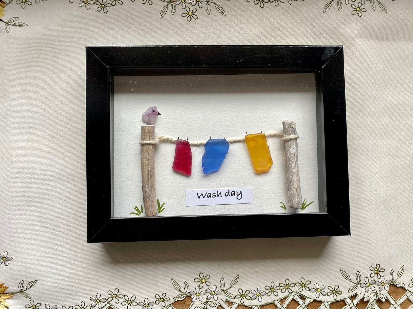 Sea Glass Pebble Art, Pebble Art Clothes Line, Gift for Her, Friendship Gift, Seaglass Picture, Housewarming Gift, Wash Day