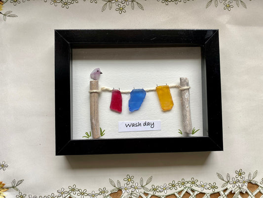 Sea Glass Pebble Art, Pebble Art Clothes Line, Gift for Her, Friendship Gift, Seaglass Picture, Housewarming Gift, Wash Day
