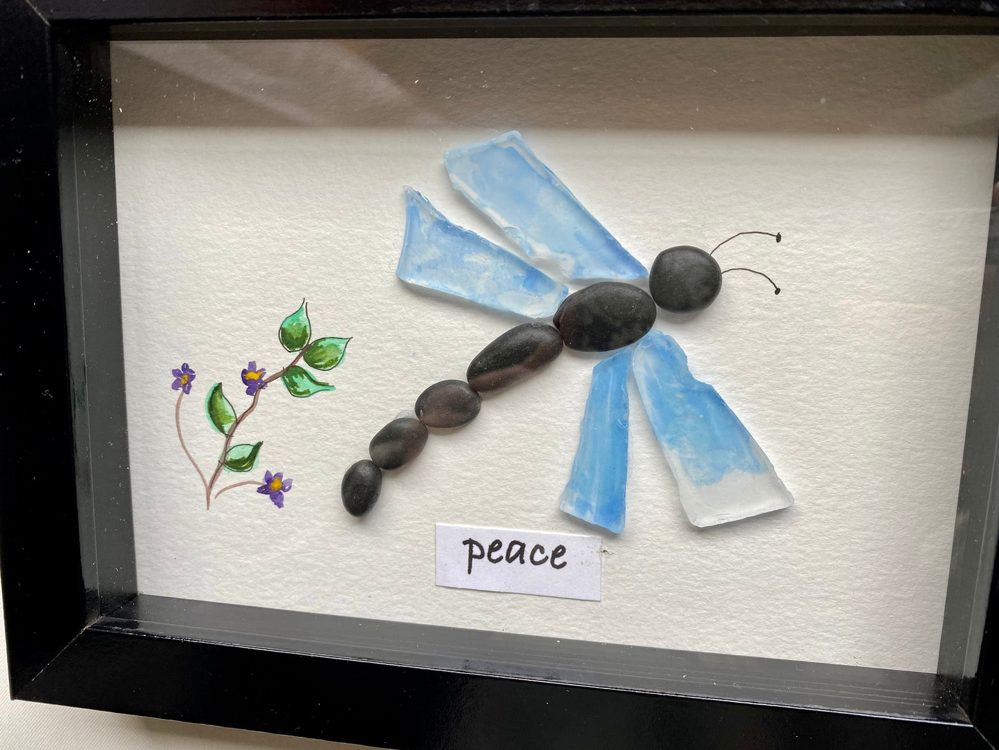 Sea Glass Pebble Art, Pebble Art Dragon Fly, Gift for Her, Friendship Gift, Seaglass Picture, Dragon Fly and Flower