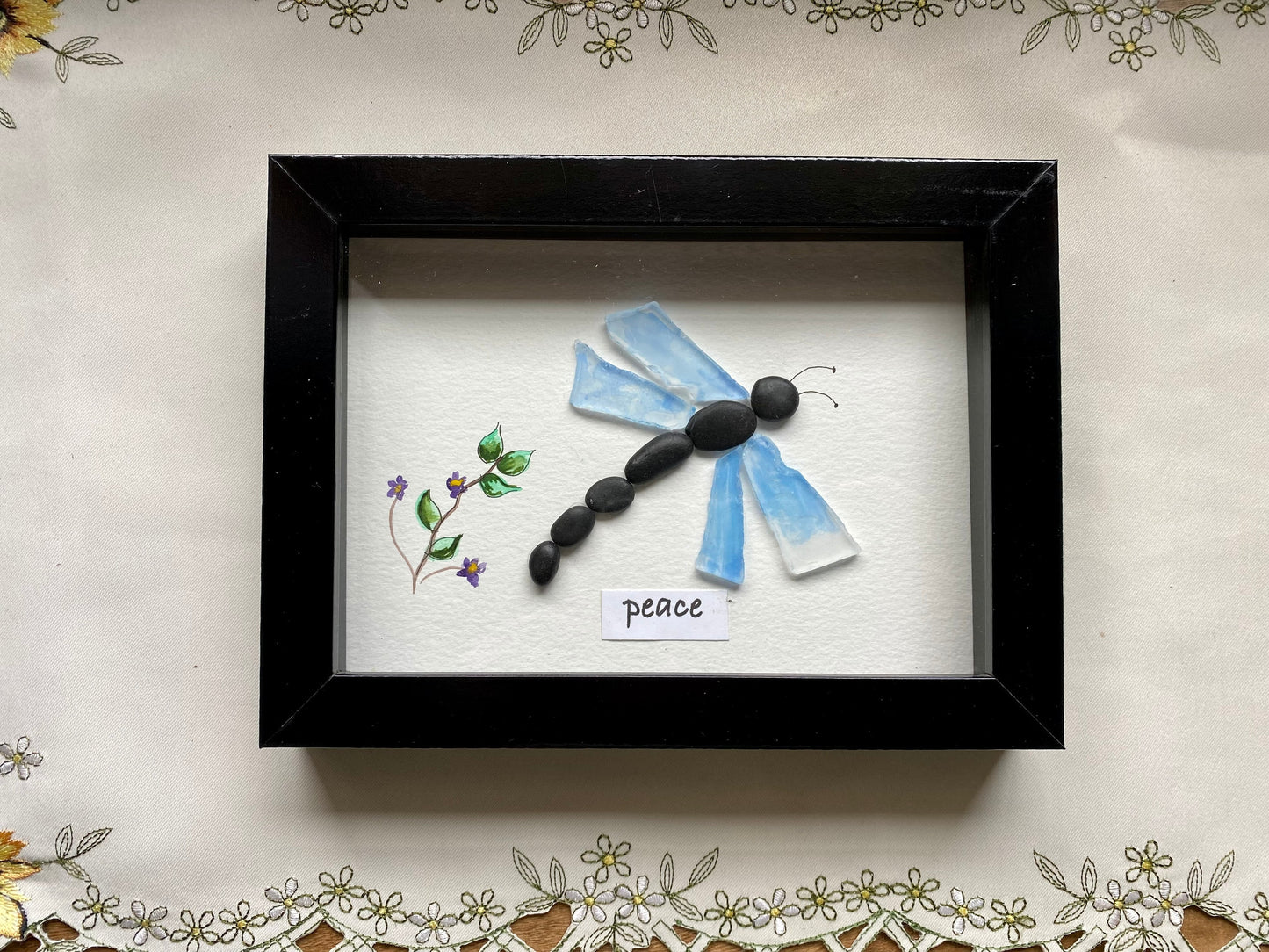 Sea Glass Pebble Art, Pebble Art Dragon Fly, Gift for Her, Friendship Gift, Seaglass Picture, Dragon Fly and Flower