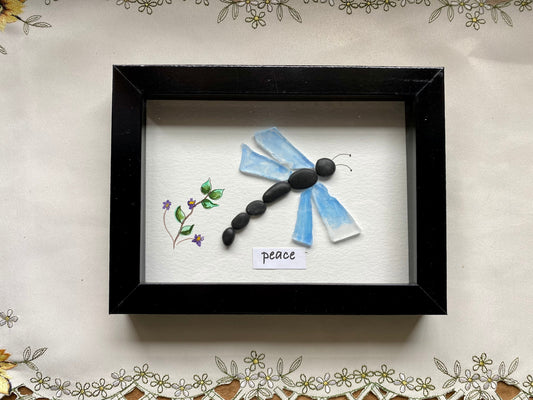Sea Glass Pebble Art, Pebble Art Dragon Fly, Gift for Her, Friendship Gift, Seaglass Picture, Dragon Fly and Flower