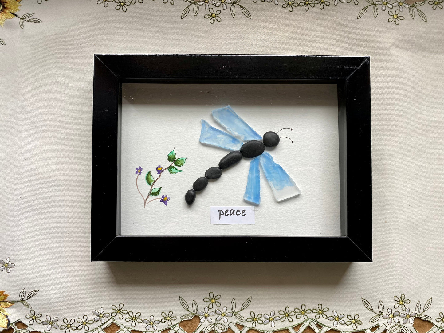 Sea Glass Pebble Art, Pebble Art Dragon Fly, Gift for Her, Friendship Gift, Seaglass Picture, Sympathy Gift, Peace