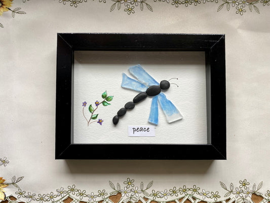 Sea Glass Pebble Art, Pebble Art Dragon Fly, Gift for Her, Friendship Gift, Seaglass Picture, Sympathy Gift, Peace