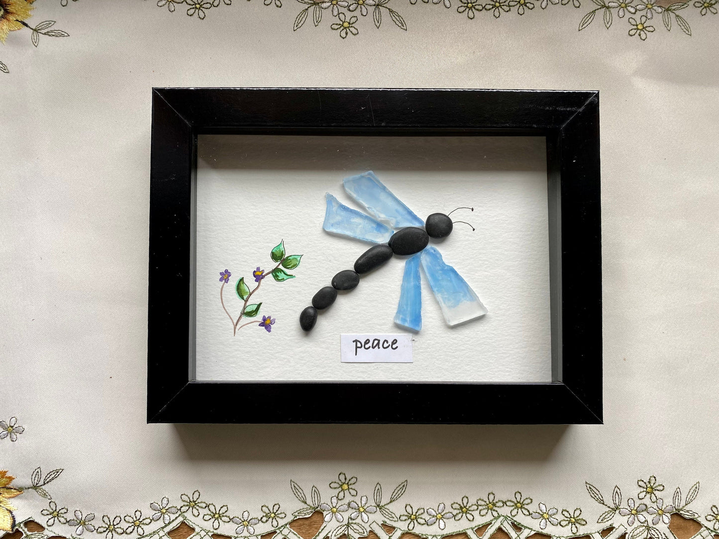 Sea Glass Dragonfly Pebble Art - Framed Coastal Wall Decor