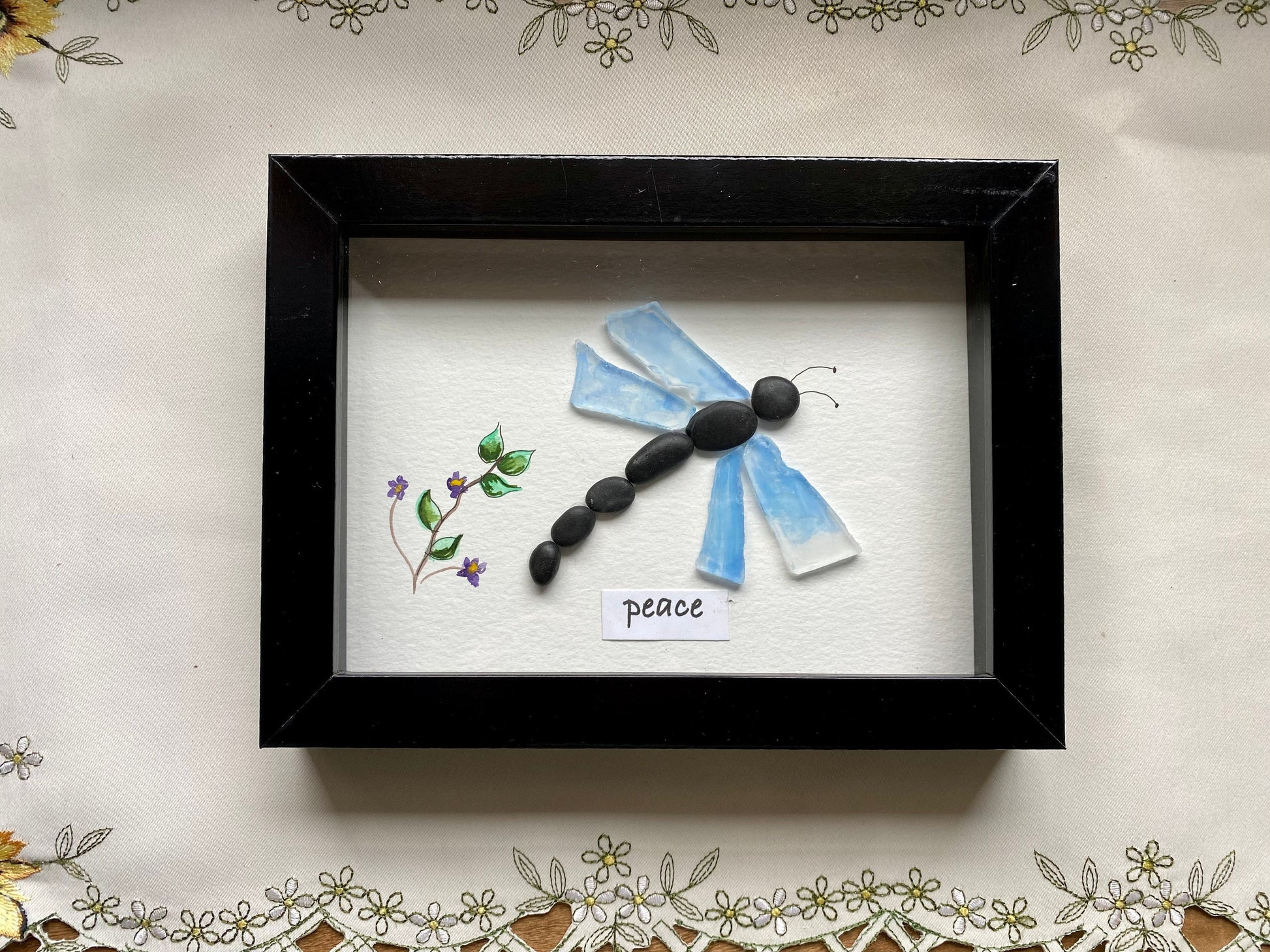 Sea Glass Dragonfly Pebble Art - Framed Coastal Wall Decor