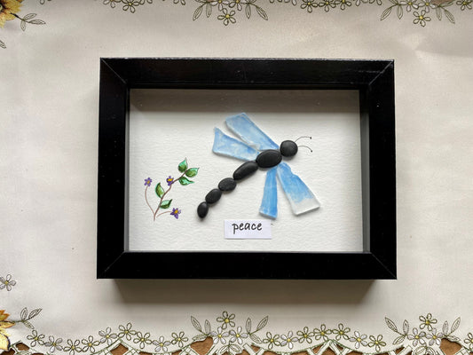 Sea Glass Dragonfly Pebble Art - Framed Coastal Wall Decor