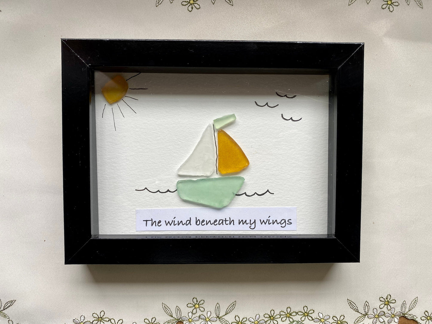 Sea Glass Pebble Art, Pebble Art Sailboat, Gift for Her, Friendship Gift, Seaglass Picture, Coastal Decor
