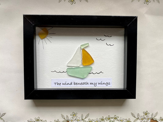 Sea Glass Pebble Art, Pebble Art Sailboat, Gift for Her, Friendship Gift, Seaglass Picture, Coastal Decor