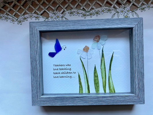 Sea Glass Pebble Art, Pebble Art Flower, Gift for Teacher, Friendship Gift, Seaglass Picture, Teacher Gift
