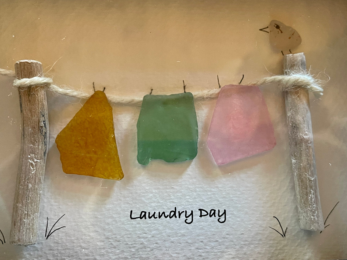 Sea Glass Pebble Art, Pebble Art Clothes Line, Gift for Her, Friendship Gift, Seaglass Picture, Housewarming Gift, Laundry Day