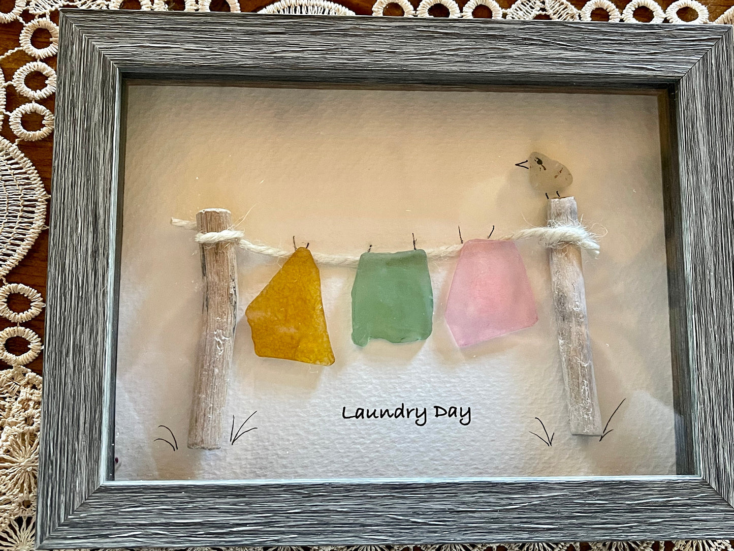 Sea Glass Pebble Art, Pebble Art Clothes Line, Gift for Her, Friendship Gift, Seaglass Picture, Housewarming Gift, Laundry Day