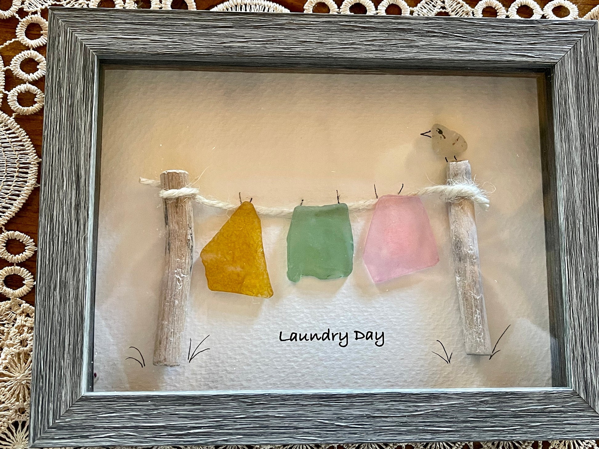Sea Glass Pebble Art, Pebble Art Clothes Line, Gift for Her, Friendship Gift, Seaglass Picture, Housewarming Gift, Laundry Day