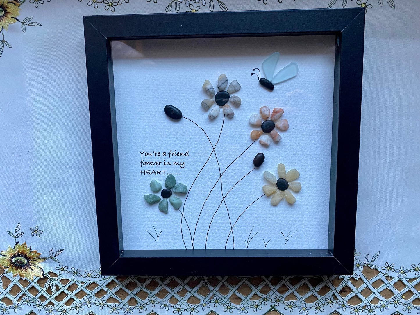 Sea Glass Pebble Art, Pebble Art Flowers, Gift for Her, Friendship Gift, Seaglass Picture, Best Friend Gift