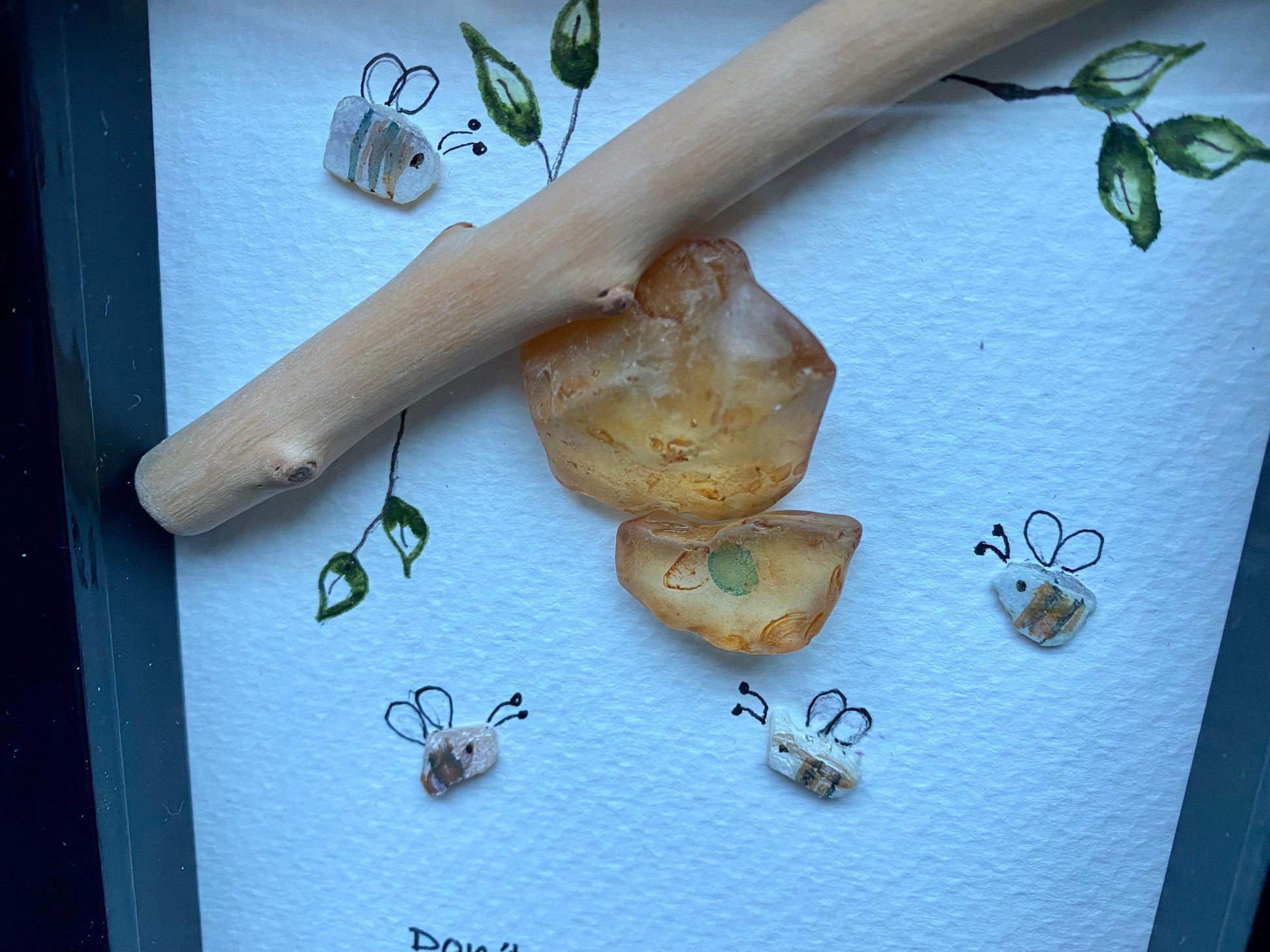 Sea Glass Pebble Art, Pebble Art Bee Hive, Gift for Her, Friendship Gift, Seaglass Picture, Bee Happy