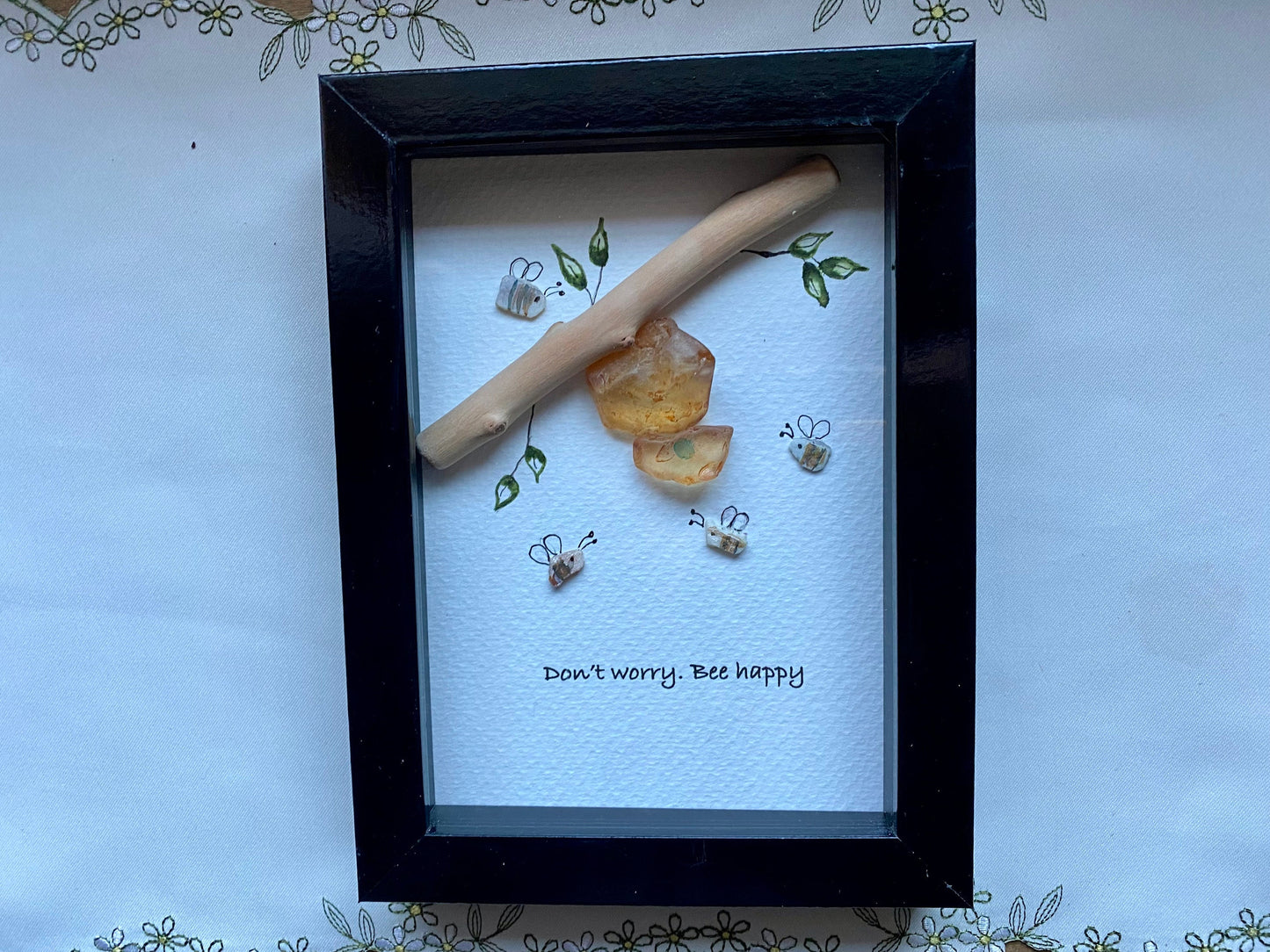 Sea Glass Pebble Art, Pebble Art Bee Hive, Gift for Her, Friendship Gift, Seaglass Picture, Bee Happy