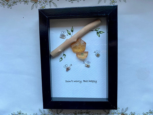 Sea Glass Pebble Art, Pebble Art Bee Hive, Gift for Her, Friendship Gift, Seaglass Picture, Bee Happy