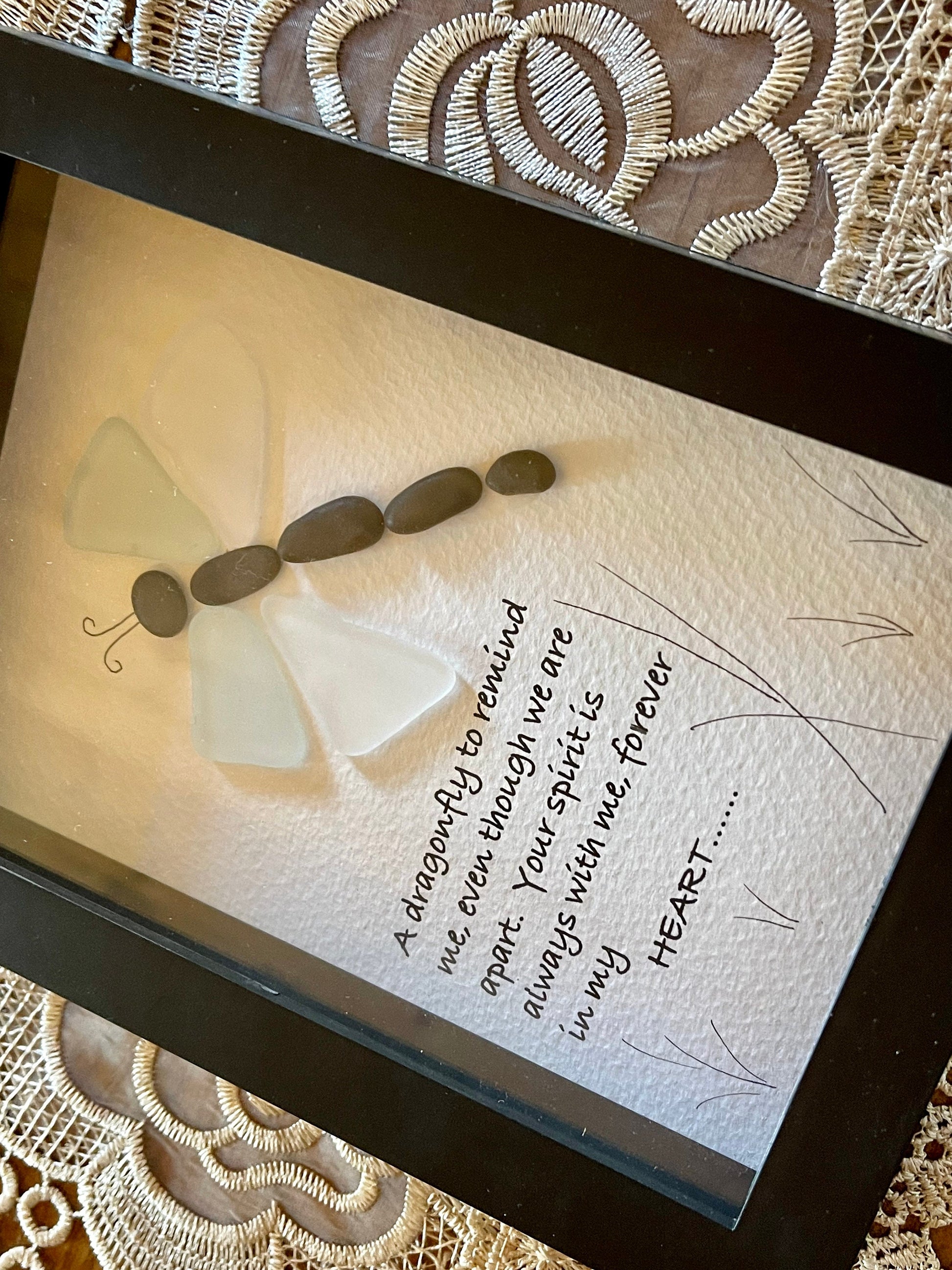 Sea Glass Pebble Art, Pebble Art Dragon Fly, Gift for Her, Friendship Gift, Seaglass Picture, Always In My Heart