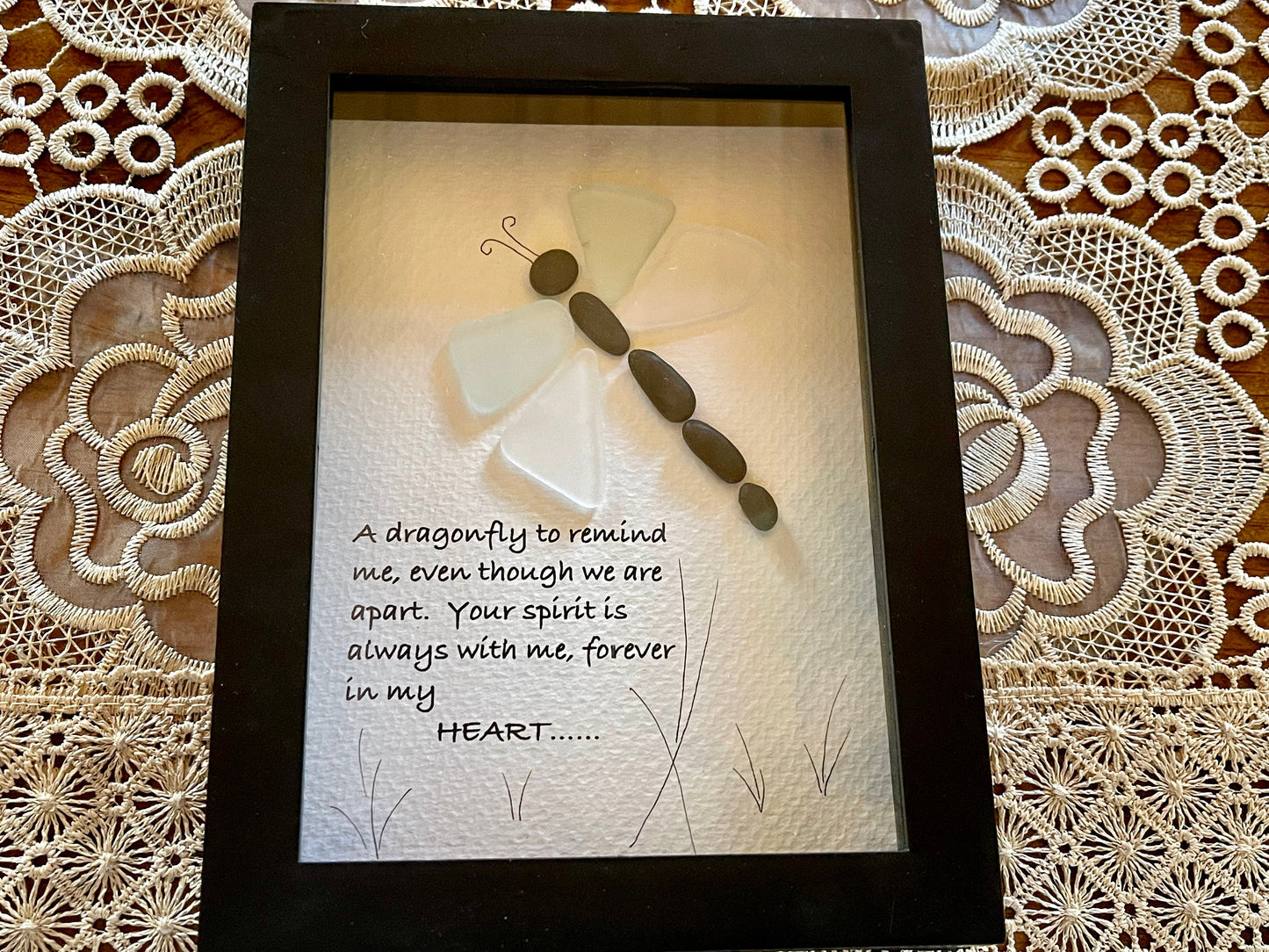 Sea Glass Pebble Art, Pebble Art Dragon Fly, Gift for Her, Friendship Gift, Seaglass Picture, Always In My Heart