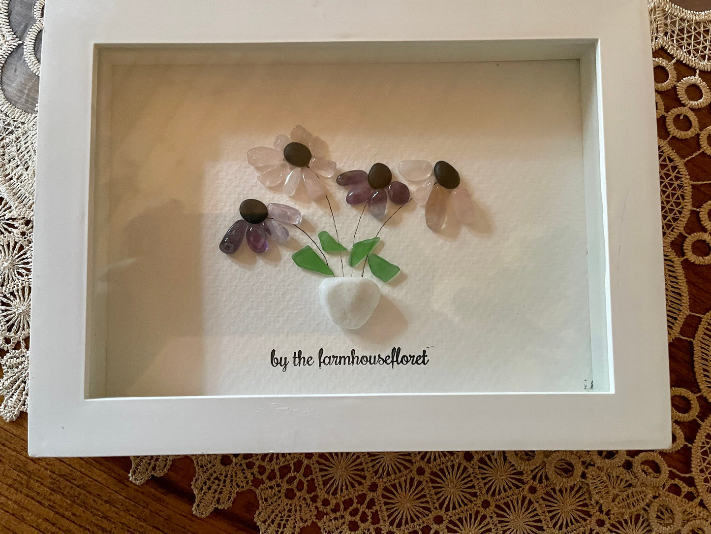 Sea Glass Pebble Art, Pebble Art Flowers, Gift for Her, Friendship Gift, Seaglass Picture, Blue Bell