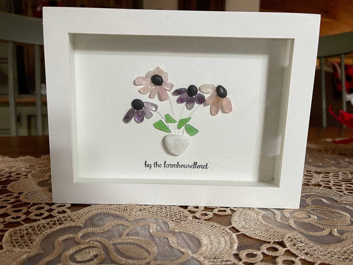 Sea Glass Pebble Art, Pebble Art Flowers, Gift for Her, Friendship Gift, Seaglass Picture, Blue Bell