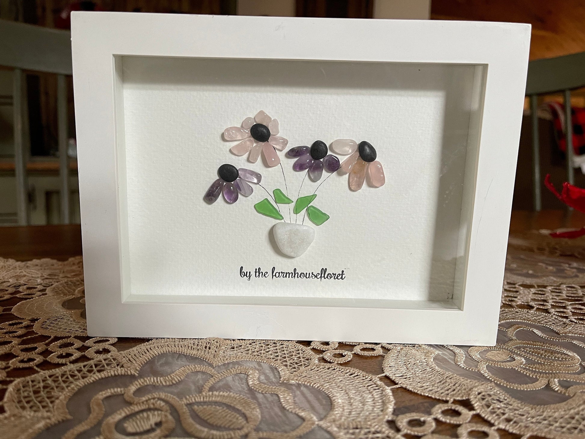 Sea Glass Pebble Art, Pebble Art Flowers, Gift for Her, Friendship Gift, Seaglass Picture, Blue Bell
