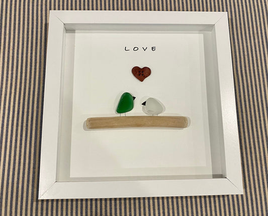 Sea Glass Pebble Art, Pebble Art Love Birds, Gift for Her, Valentines Day Gift, Seaglass Picture, Love