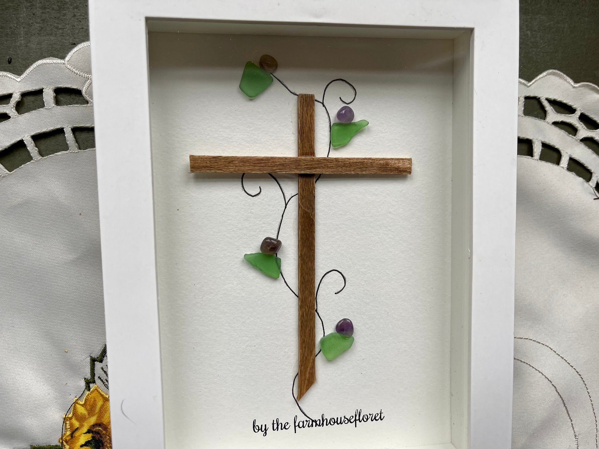 Sea Glass Pebble Art, Pebble Art Cross, Gift for Her, Religious Gift, Seaglass Picture, Blessings