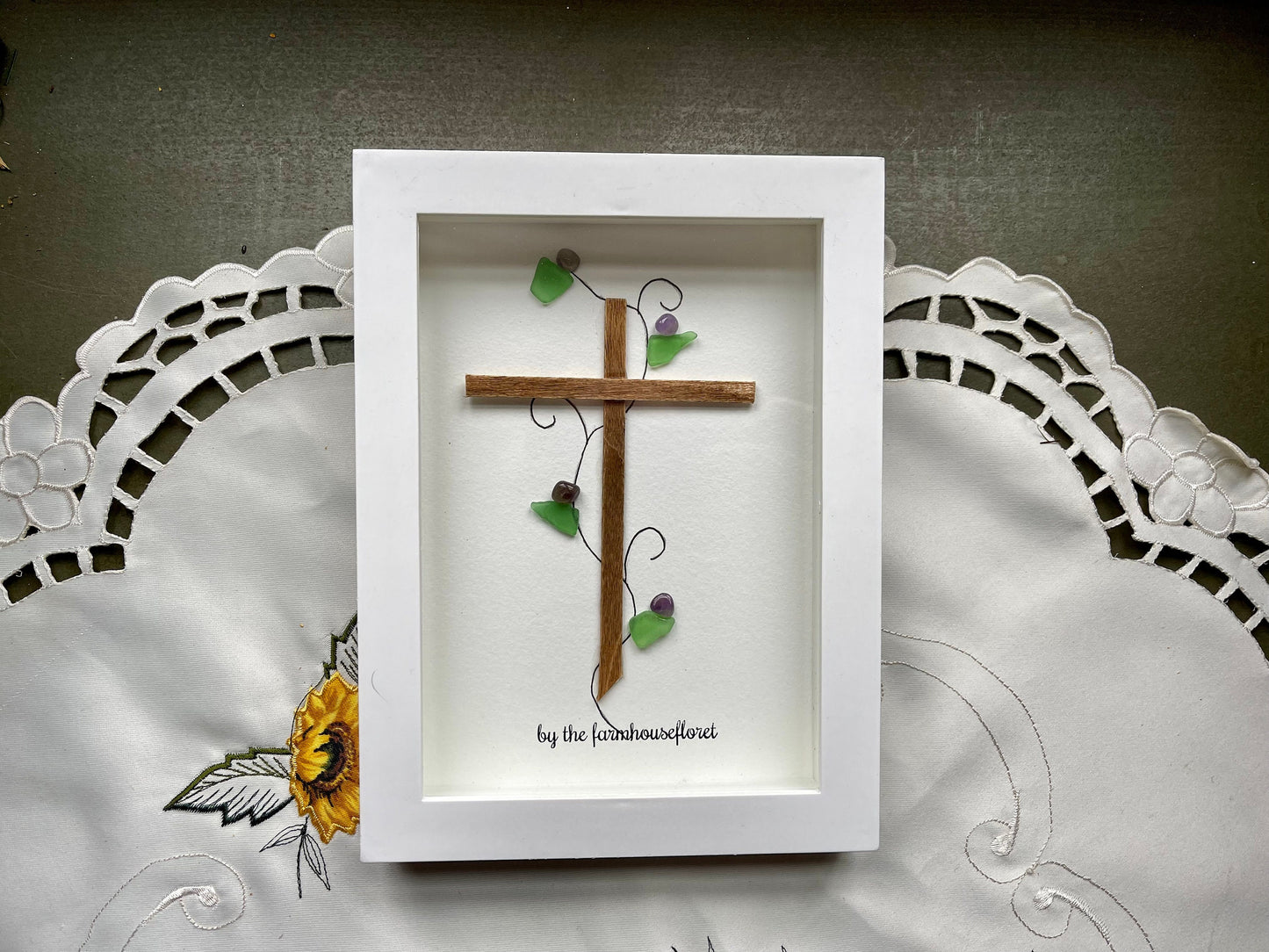 Sea Glass Pebble Art, Pebble Art Cross, Gift for Her, Religious Gift, Seaglass Picture, Blessings