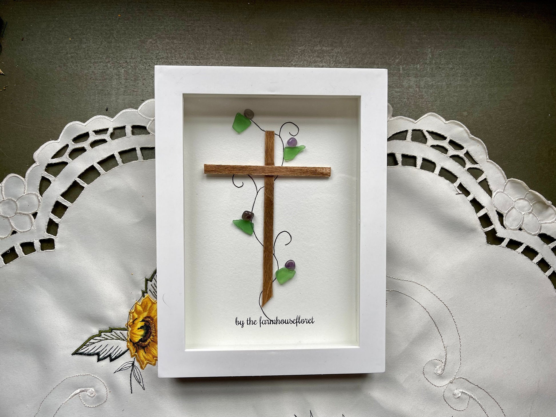 Sea Glass Pebble Art, Pebble Art Cross, Gift for Her, Religious Gift, Seaglass Picture, Blessings